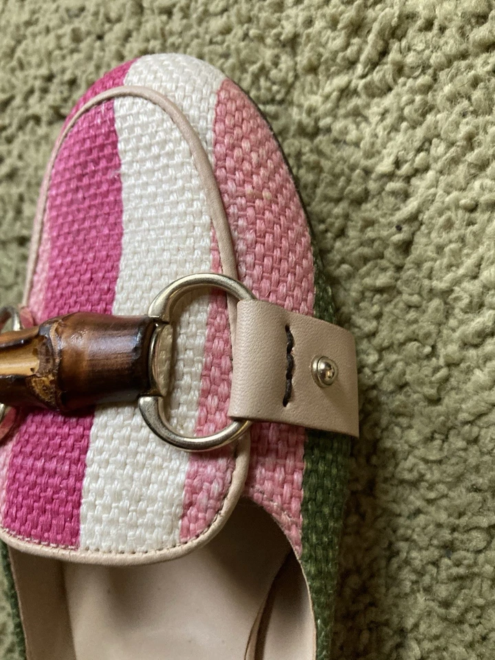 GUCCI Bambú Horsebit Mules Rosa Blanco Verde Rayas Lona Talla 7.5B Italia Foto 2 de 4