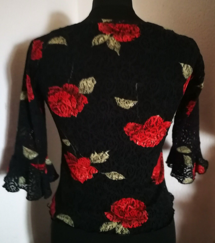 Vintage Black Floral Lace Sheer Top Women Spanish Look Used Gothic Boho Small - Foto 5 di 6