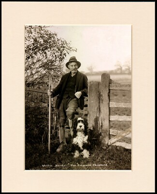 BEARDED COLLIE SHEPHERD AND HIS DOG OLD STYLE ART PRINT MOUNTED READY TO FRAME