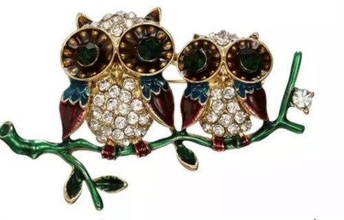 Broche prendedor par de búhos con diamantes de imitación en rama, 2”, boho, gitano, inspirado en la colección, nuevo - Imagen 1 de 2