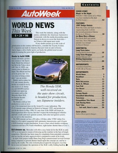 . AUTO WEEK MAGAZINE JUNE 24 1996, PORSCHE, DEREK BELL, LeMANS, LOW PRICE $3.99 - Picture 2 of 15