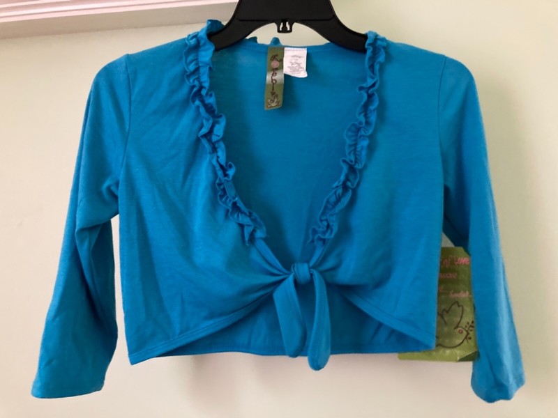 GIRLS BOLERO-size Large (14)-Lovebird brand-blue color-ruffle trim-new-Pretty!