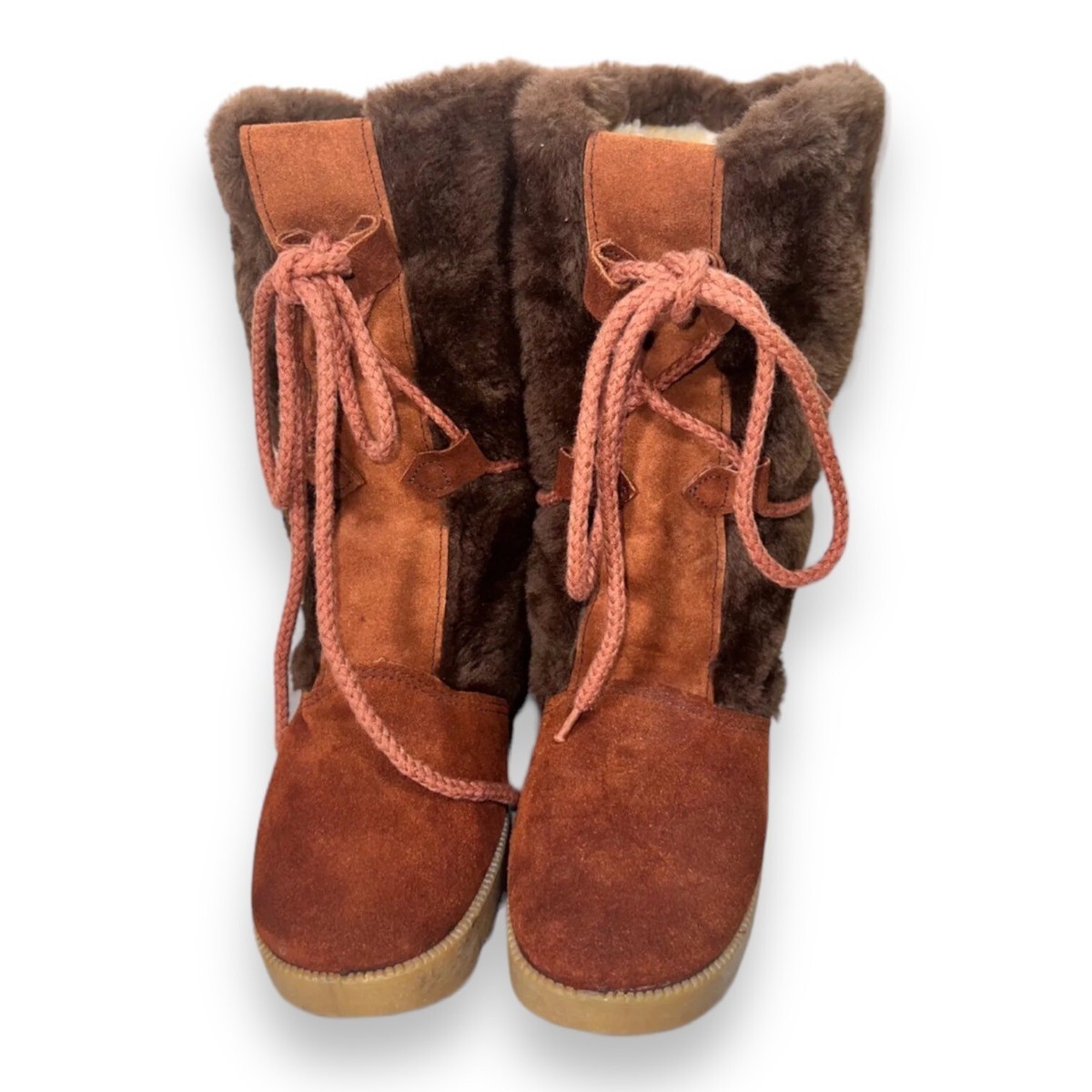 Vintage 70-80s Lace-up Suede / Faux Fur Winter Snow Boots Women's