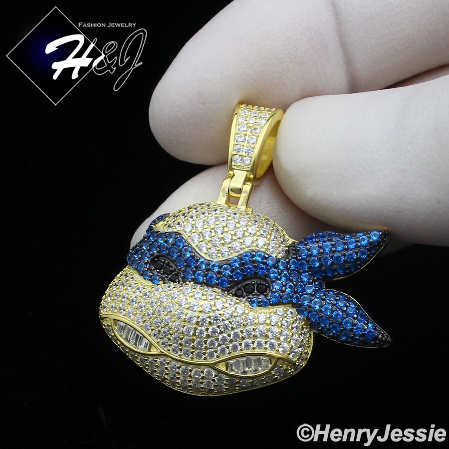海外ネックレス 925 STERLING SILVER ICY CZ GOLD PLATED TEENAGE MUTANT NINJA TURTLE