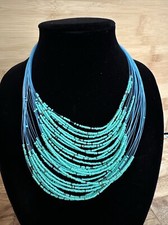 Light Blue Strand Turquoise  Red Seed Beaded Layered Necklace 17-19  