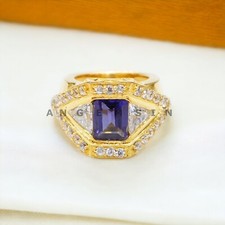 Blue Sapphire With 14K Solid Yellow Gold Ring For Men's AL332