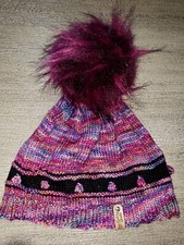 girls MULTI COLORED PURPLE KNIT WINTER HAT HAIRY PLUSH POMPOM one size kids CUTE