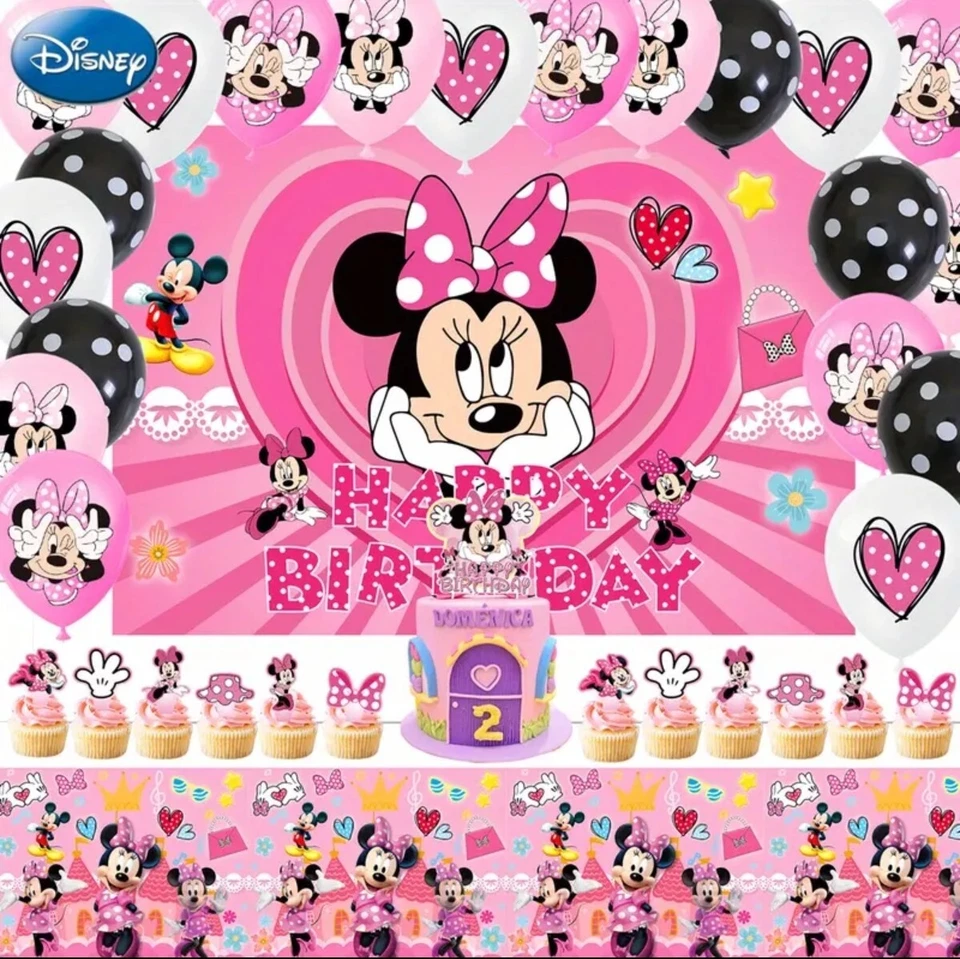 Disney MINNIE MAUS Geburtstag Set Minnie Mouse Banner Hintergrund Cupcake Topper - Bild 2 von 4