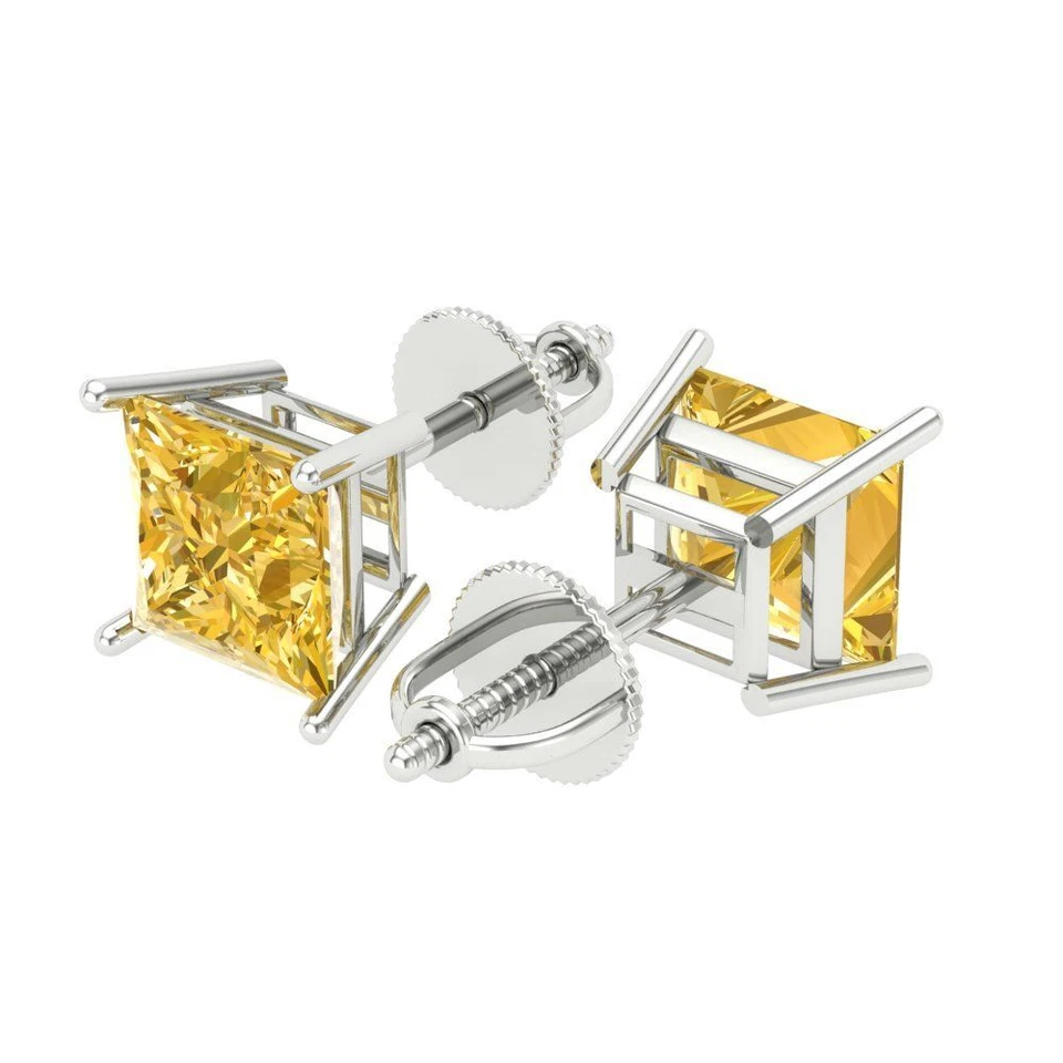 Yellow Zirconia Stud Earrings for Women, Screw back (3 cttw, 6.5mm Princess-Cut) - Image 2 of 4