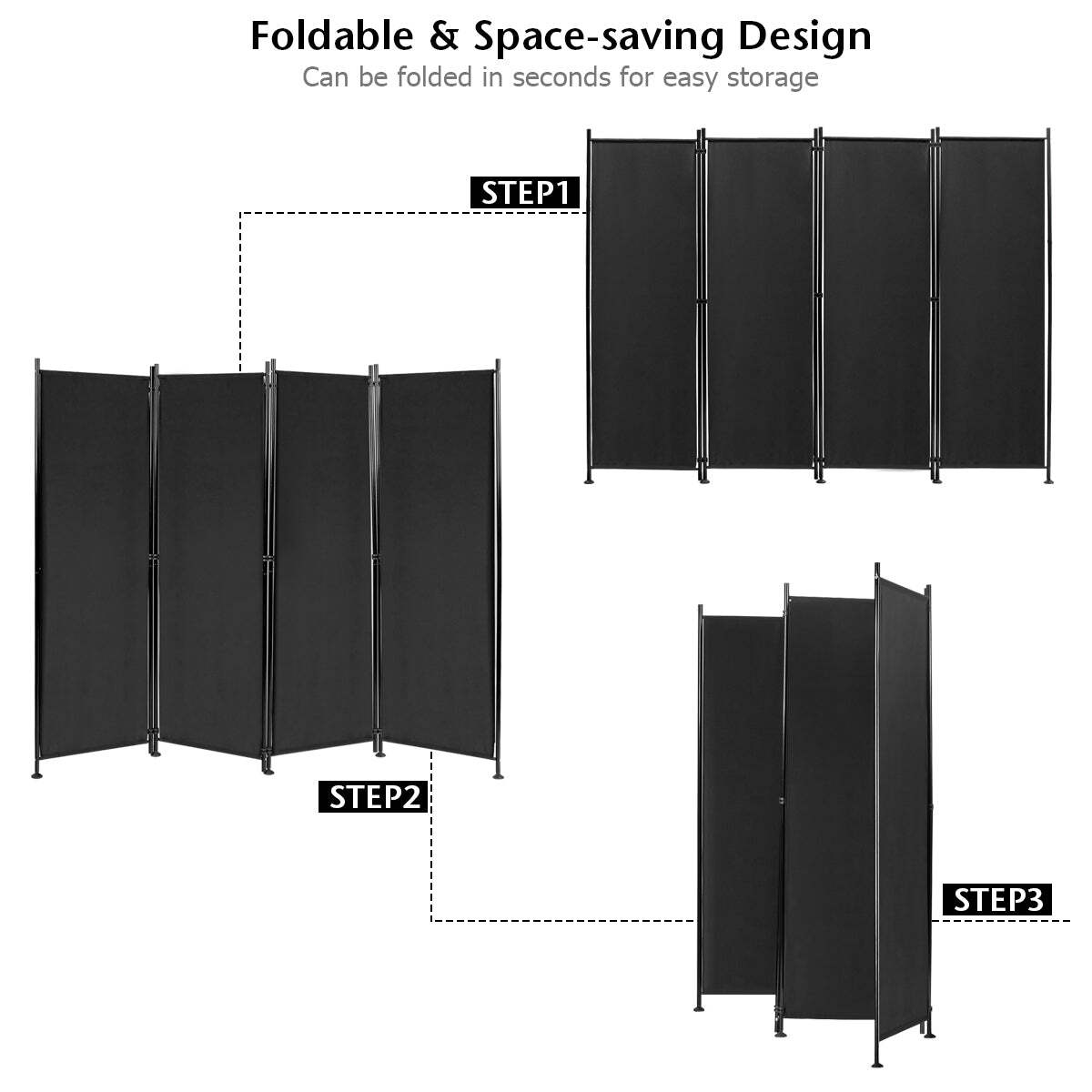 NNECW 4-Panel Folding Room Divider with Adjustable Foot Pads for Home-Black