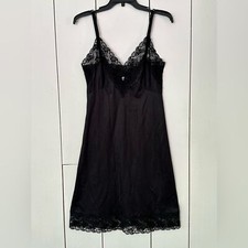 Vintage Y2K Black Satin Slip Dress Lace Trim S Small Whimsigoth Fairy Grunge 90s
