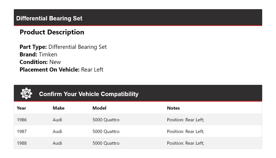 Juego de cojinetes diferenciales traseros izquierdo para Audi 5000 Quattro 1986-1988 Timken 1987 Foto 2 de 4