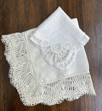 Vintage Handkerchiefs Hankies Set of 2 White Crochet Tape Lace Embroidery