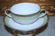 WONDERFUL C & A LIMOGES GREEN & GOLD CREAM SOUP DOUBLE HANDLED CUP AND SAUCER #1