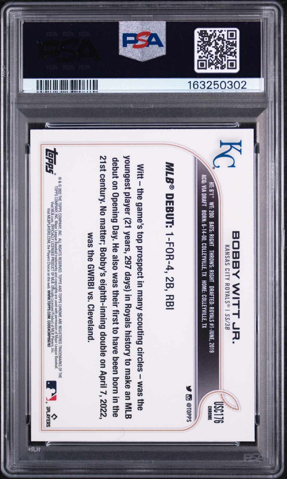 2022 TOPPS CHROME UPDATE PURPLE REFRACTOR #USC176 BOBBY WITT JR. ROOKIE RC PSA 9 view 2