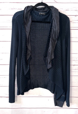 BNG Design Size M Stretch Ribbed Knit Sweater Ruffle Trim Navy Blue Vintage