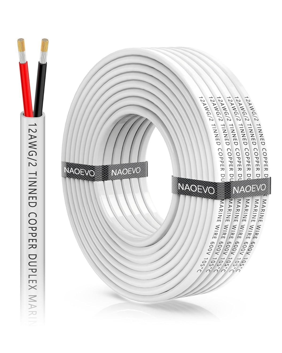 NAOEVO 12 Gauge Marine Wire Duplex, 12 AWG Stranded PVC 30FT, White 