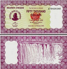 ZIMBABWE 50,000 Dollars P30 2006 x 1 Pcs UNC Bearer Cheque Zimbabwean BANK NOTE
