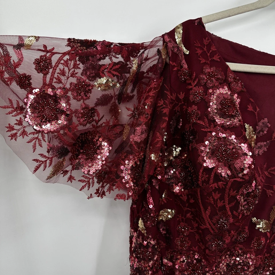 Mac Duggal Dress Womens 22W Burgundy Sequin Floral Mesh Maxi Gown Flutter Sleeve - Image 3 of 4