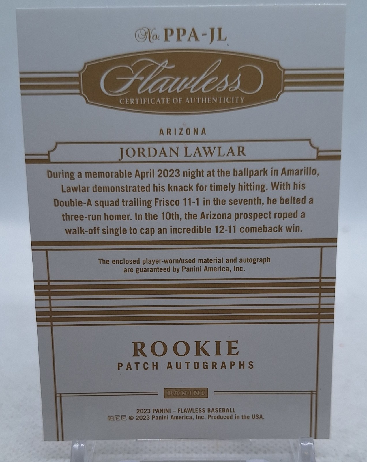 JORDAN LAWLAR 2023 PANINI FLAWLESS RED TRI COLOR JUMBO PATCH RC #11/20 AUTO view 3