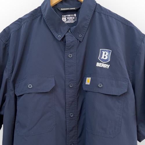 Carhart Force Short Sleeve Button Up Navy Blue Berry College Logo Lightweight