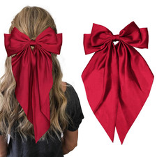 Hair Bows for Women Girls,Red Silky Satin Hair Barrettes with Long Ribbon Tail B