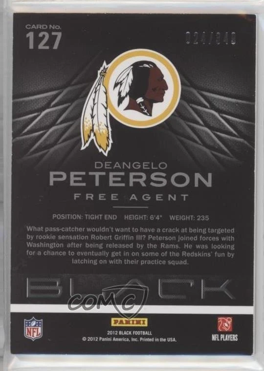 2012 Panini Black Rookie /349 Deangelo Peterson #127 Rookie RC - Image 2 of 2