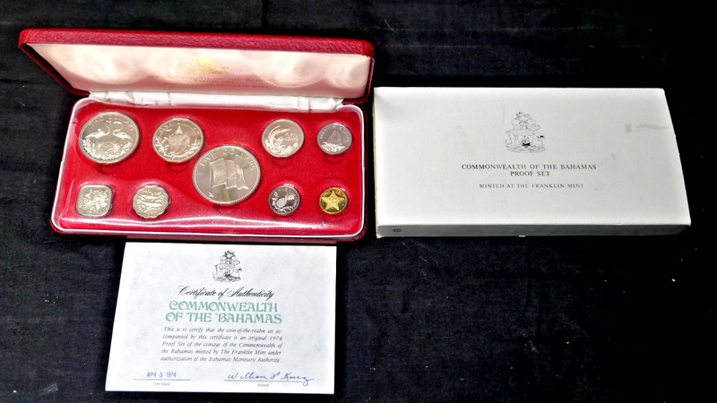 1974 Bahamas 9-Coin Proof Set (w/Box & COA) Franklin Mint 2.8723 Oz of Silver