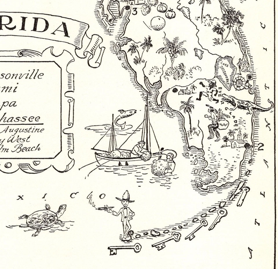 1950s Vintage Florida State Map Animated Florida Picture Map BW 2478 - Image 2 of 3