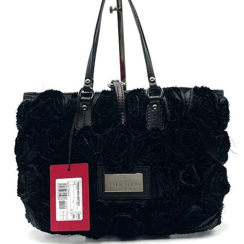 Valentino Garavani Handbag Tote Bag Rose Flower Motif Logo Leather Nylon Black