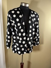 CHICO'S Polka Dot Jacket Size 1 M Black White Open Front 3/4 Sleeve Pockets