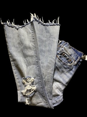 DAZE High Rise Crop Flare Distressed Frayed Hem Blue Denim Jeans Women
