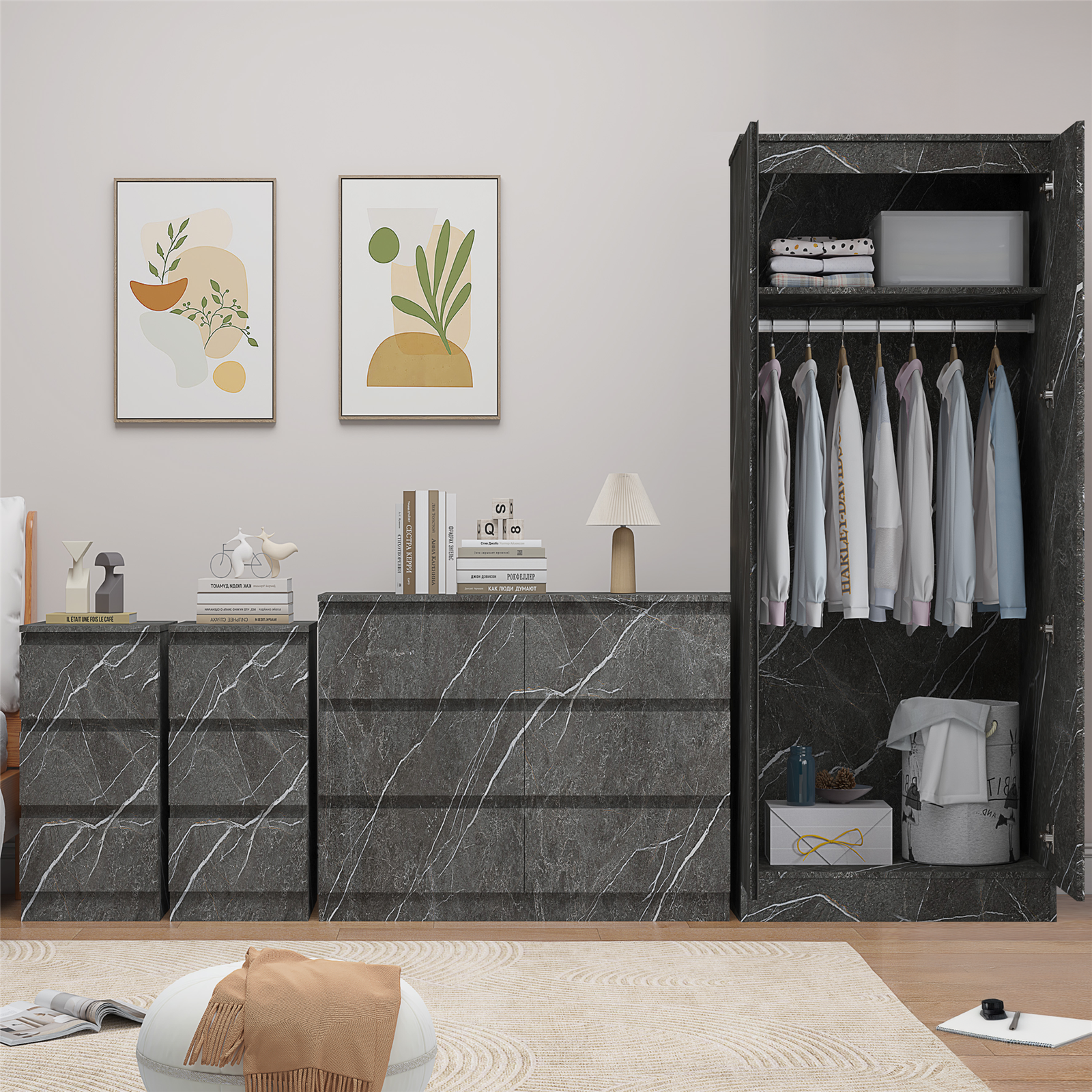ZITA 4pc Grey Marble Effect Furniture - Wardrobe + 6 Drawer Chest + 2 Bedsides