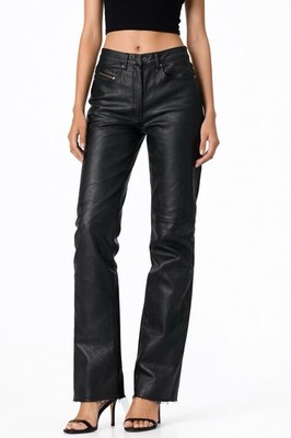 Vintage Diesel Premium Leather Jeans Black Raw Hem Women 27 Lined Y2K Biker NWOT