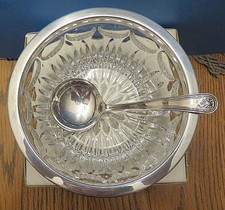 Vintage 2-pc Set -Silver-rimmed Candy/Nut BOWL Silverplate SPOON -Excellent