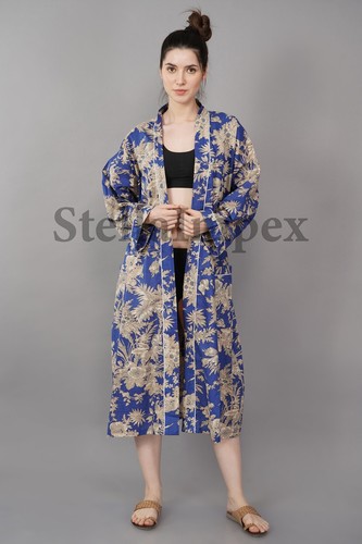 Trendy Cotton Kimono Elegant Blue Floral Bathrobe Resort Wear Beach Bikini Cover - Picture 2 of 6