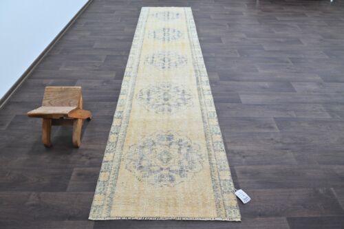 Tappeto da corridore turco vintage 3x11 piedi lana anatolica fatto a mano corridoio oushak beige - Foto 1 di 10