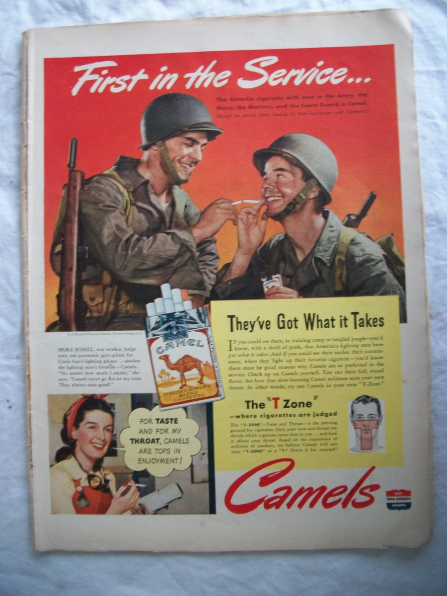 first cigarette advertisement VTG 1943 Original Magazine Ad Camel Cigarettes WW2 First In The Service  Army Men