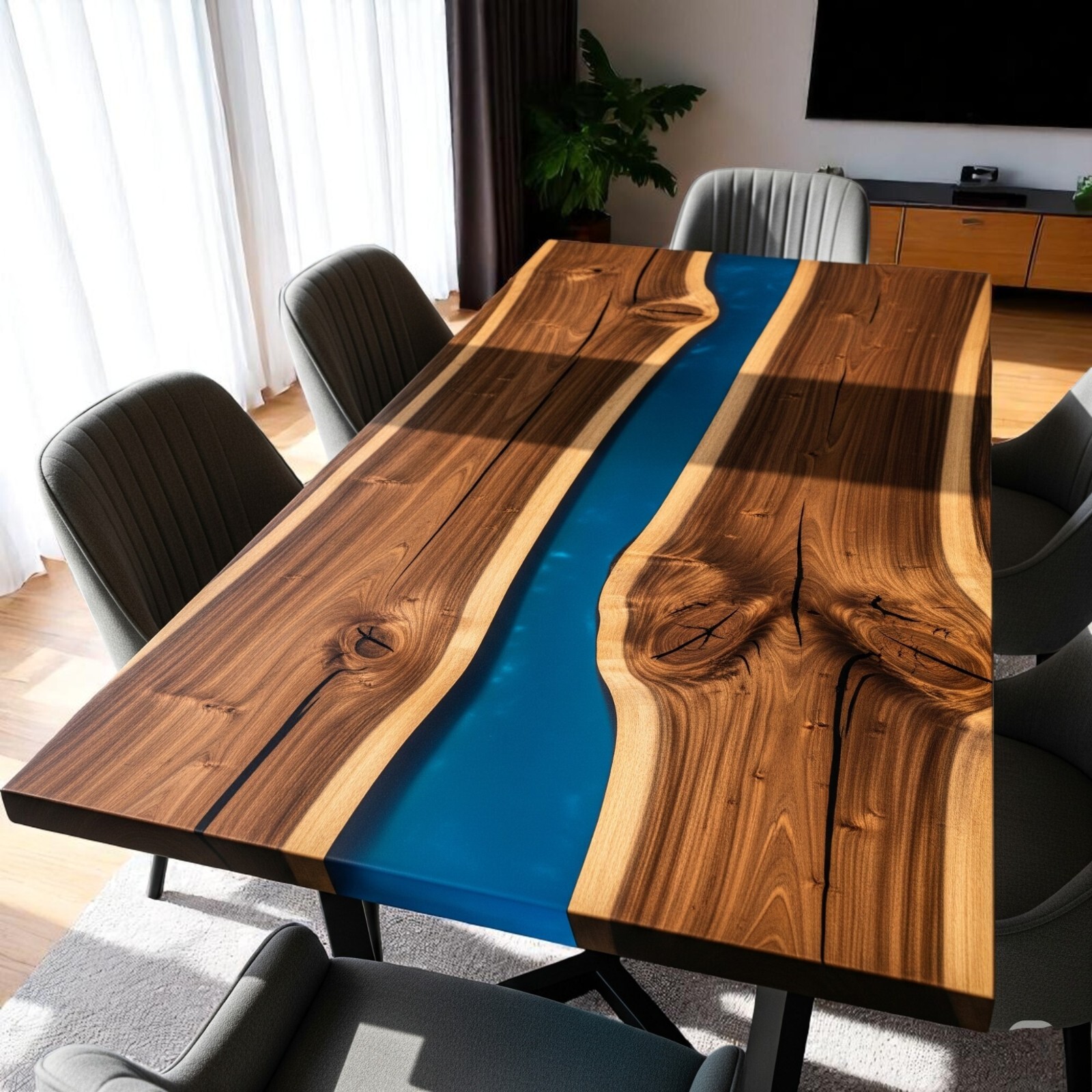 Custom Blue Resin Epoxy Wood Dining Table Top 36x24 Kitchen Slab Decor-image