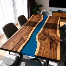 36"x24" Made To Order Blue Resin Epoxy Wood Dining Table Top Kitchen Slab Decors