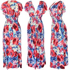 Women's Butterfly Sleeve Poppy Flower Smocked Summer Sundress Long Dress