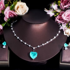 Silver Plated Blue Heart Cubic Zirconia Necklace Earring Women Party Jewelry Set