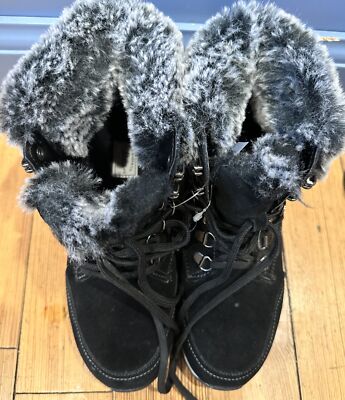 G.H Bass Alaska Womens Black Boots Leather Upper w/ Faux Fur Size 7M Hook & Tie