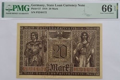 1918 Germany 20 Mark PMG66 EPQ GEM UNC 【P-57】@State Loan Currency Note@ - Picture 3 of 4