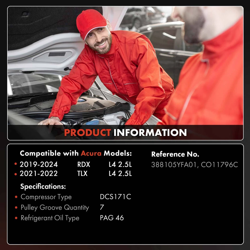 Компрессор кондиционера с 7-канавочным шкивом для Acura RDX 2019-2024 TLX 2021-2022 L4 2,0 л - Изображение 2 из 4