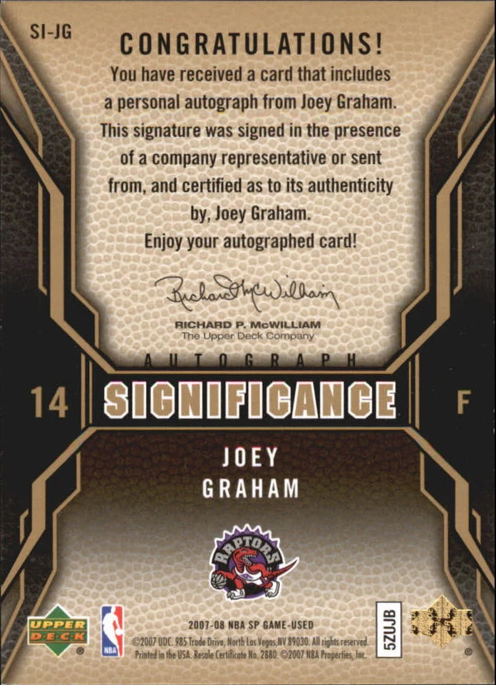 2007-08 SP Game Used SIGnificance #SIJG Joey Graham AUTO - NM-MT - Image 2 of 2