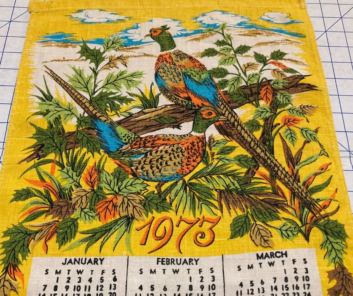 1973 Vintage Calendar Linen Tea Towel Birds Pheasants | eBay