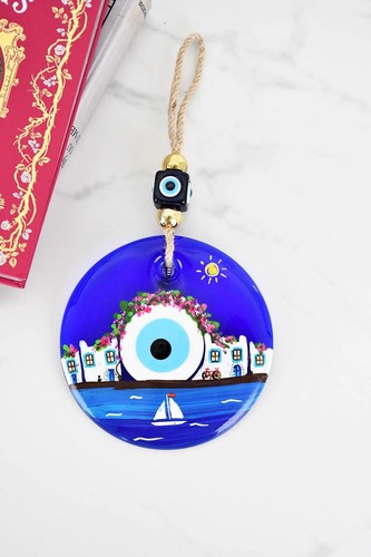 Evil Eye Santorini Themed Hand Painted Large Glass Wall Hanging - Bild 4 von 7