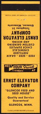 Vintage matchbook cover ERNST ELEVATOR Glencoe Feed Seed Glencoe Minnesota nrmt