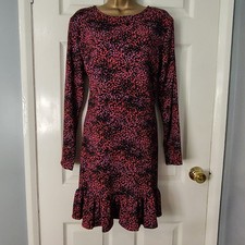 BOUTIQUE pink red abstract spot crinkle flounce hem dress size 16 long sleeve